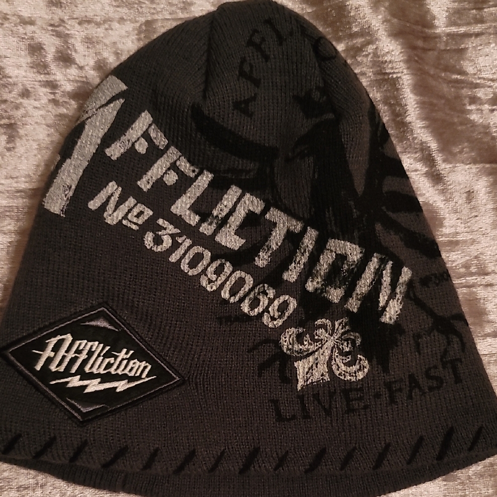 (Rare)Affliction Charcoal and Black Knit Beanie. Vintage Style